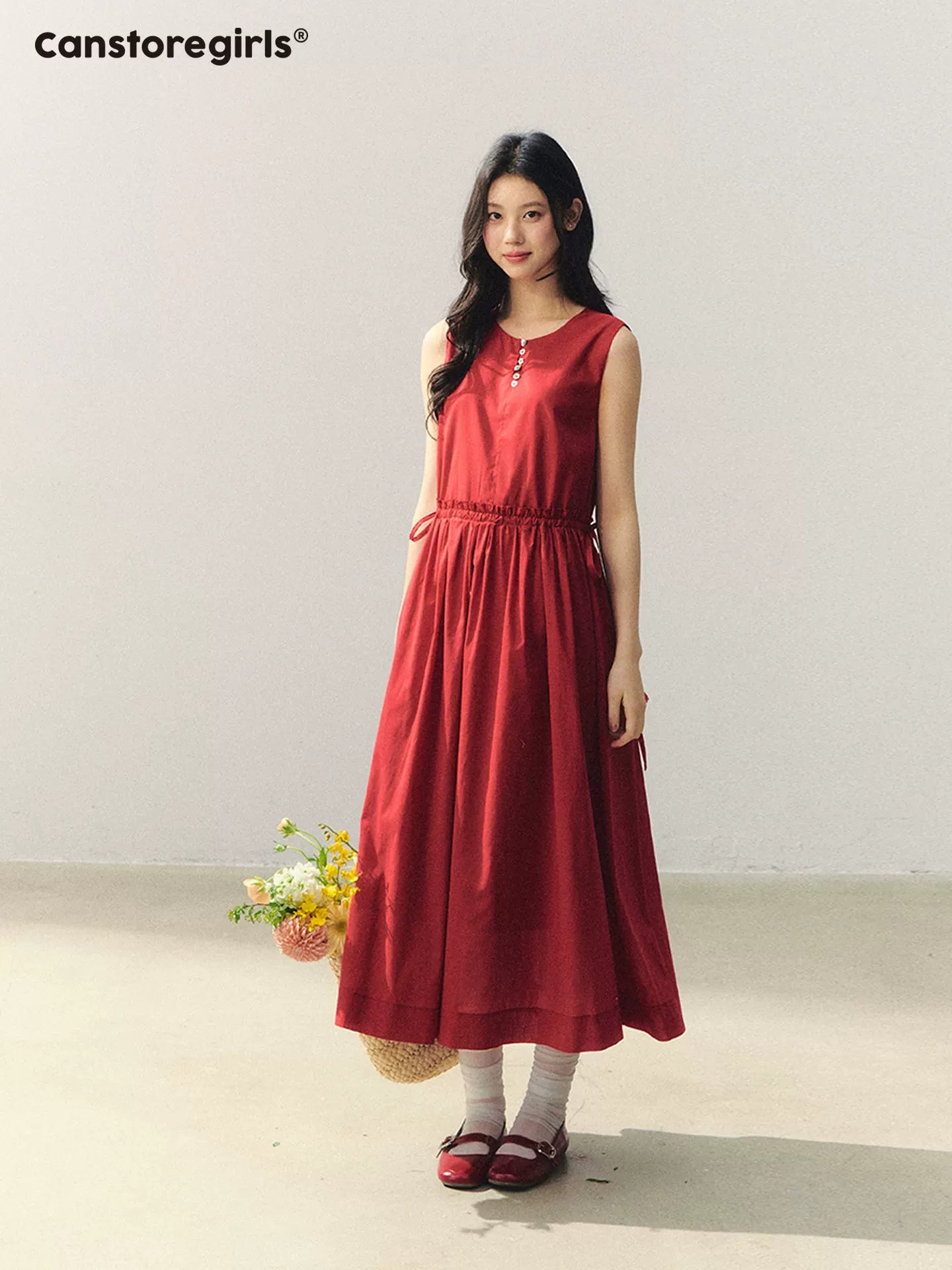 "Hyacinth in Red Dress" Sleeveless A-line Midi Dress LL2026005