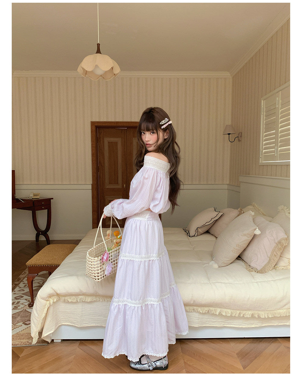 “Misty Blossom Reverie” Light Purple Off-Shoulder Top & Lace Trim Skirt
