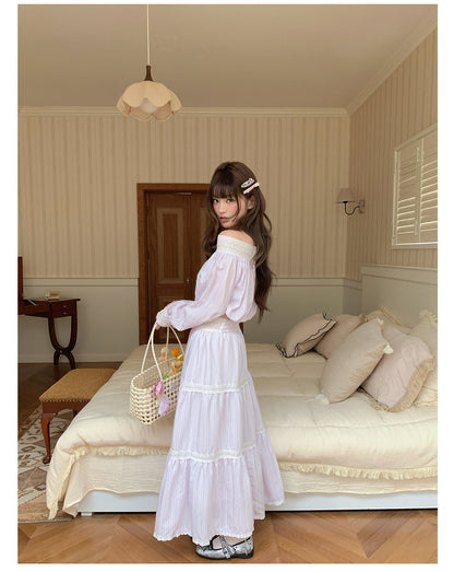 “Misty Blossom Reverie” Light Purple Off-Shoulder Top & Lace Trim Skirt
