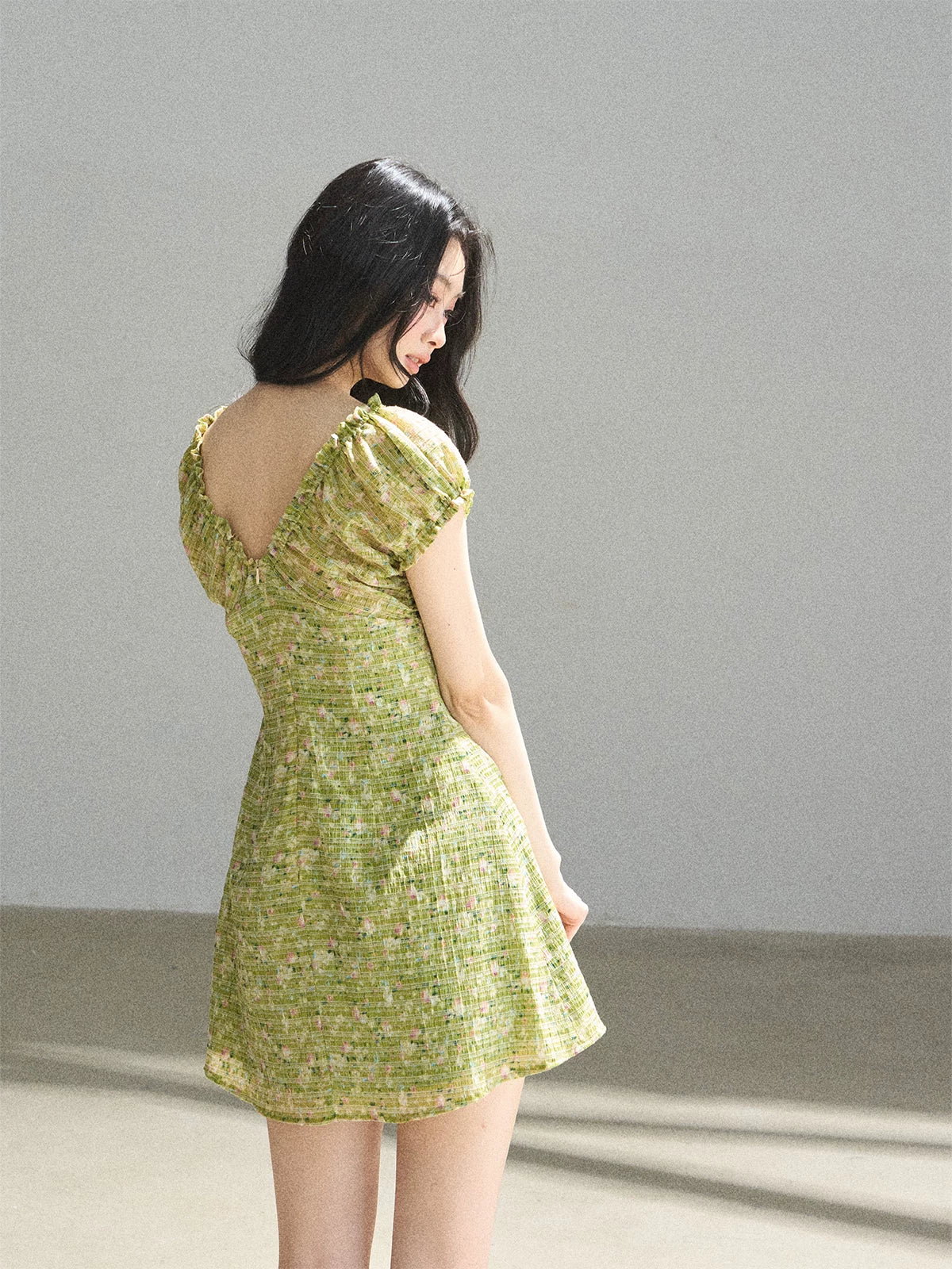 "Breath of the Forest" Misty Sage Embroidered Chiffon Mini Dress
