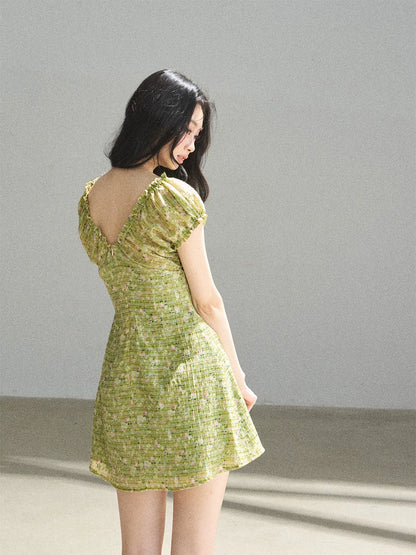 "Breath of the Forest" Misty Sage Embroidered Chiffon Mini Dress
