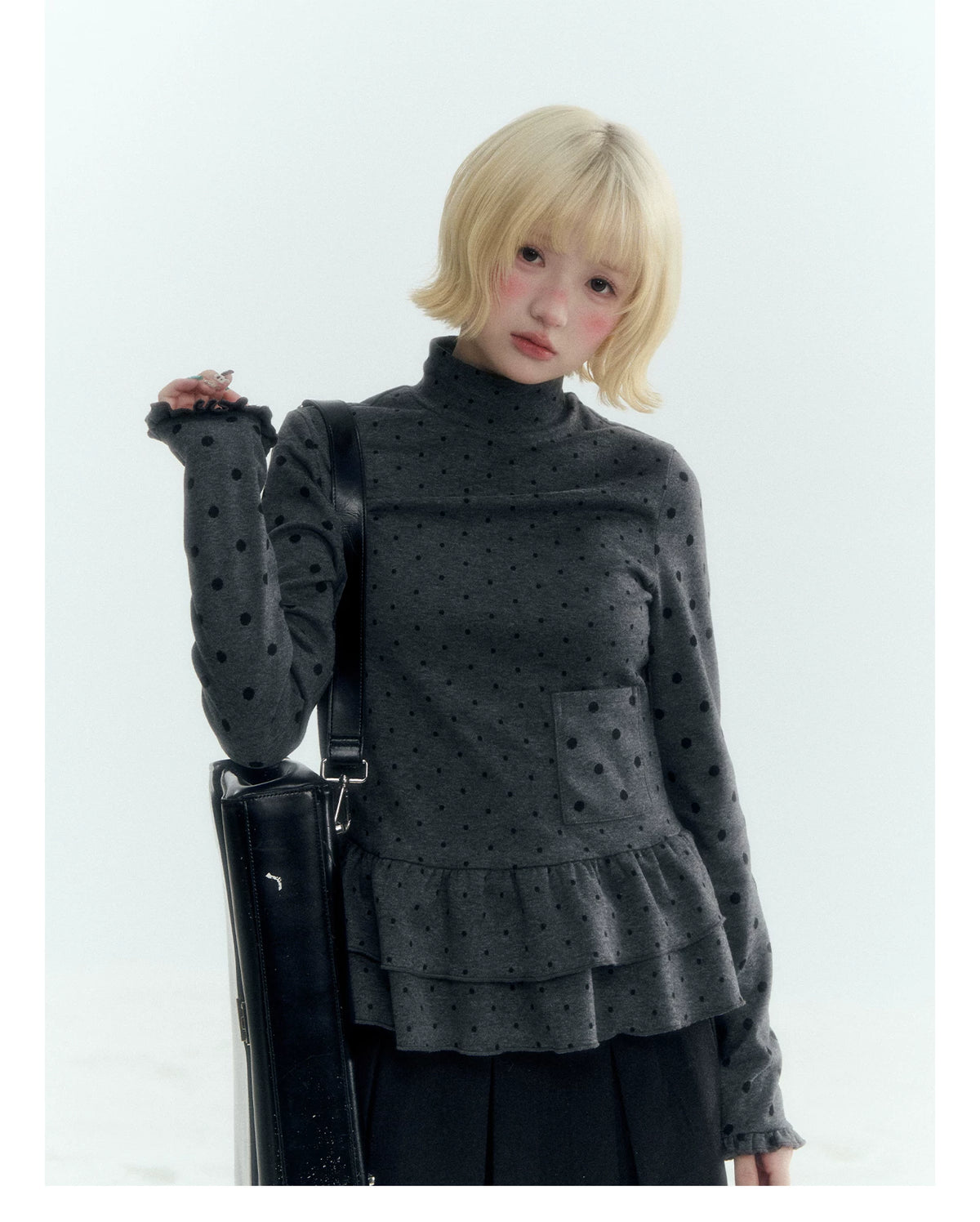 Horridale - Dark Gray Polka Dot Mock Neck Layering Top with Ruffle Hem