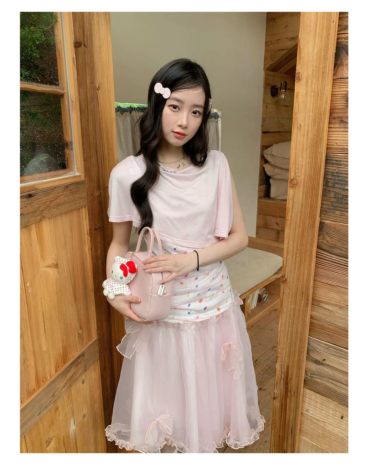 [RF] “Peach Blossom Layers” Peach Pink Striped Floral Print Short-Sleeve T-Shirt