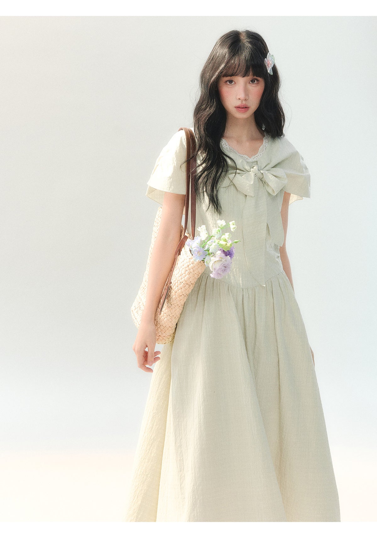 [CAN] "Willow Ribbon" Sage Green Cape Tie-Waist Midi Dress