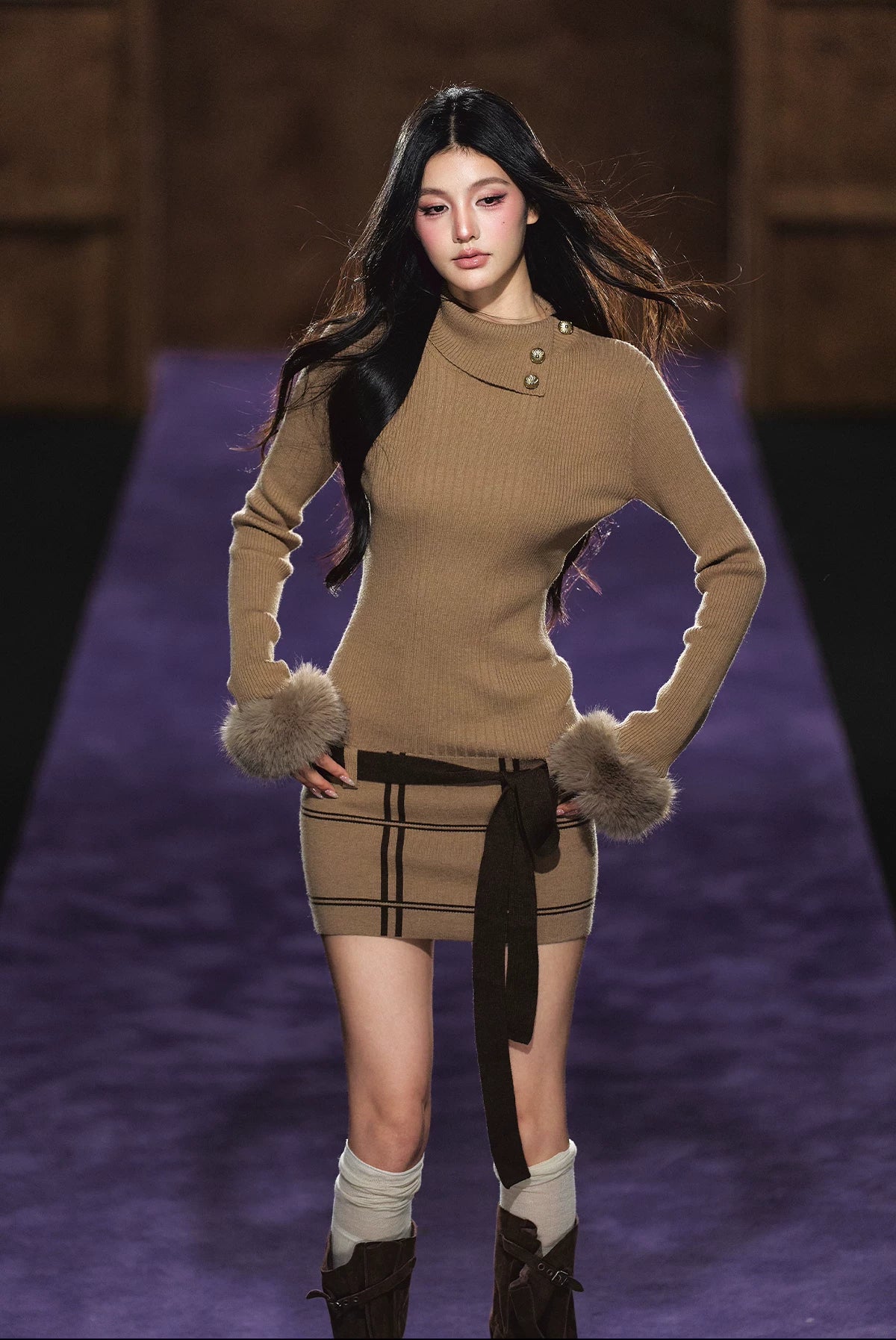 "Winter Whisper" Light Khaki Mock Neck Knit Mini Dress