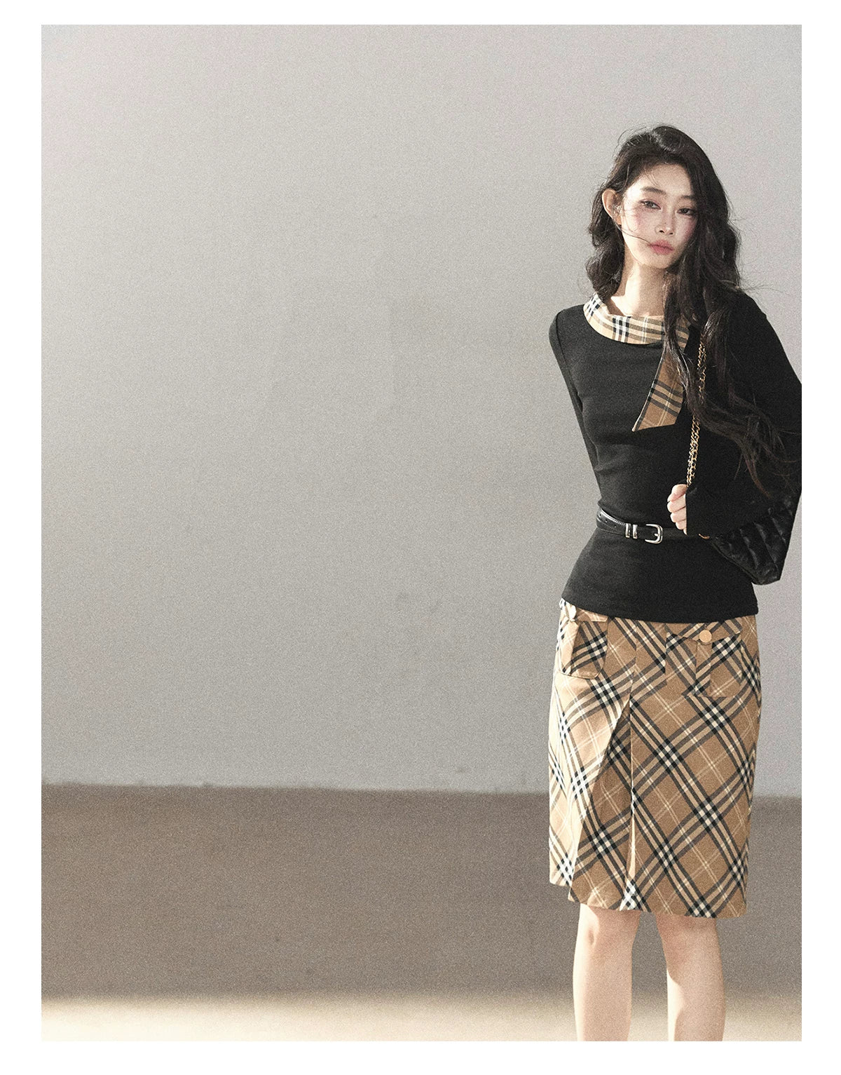 AOMALM - Black Knit Top & Light Smoky Brown Plaid Skirt Set with Belt