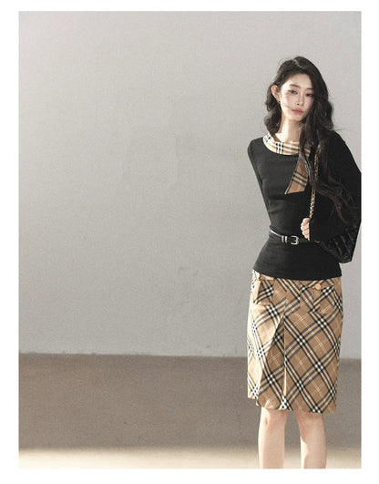 AOMALM - Black Knit Top & Light Smoky Brown Plaid Skirt Set with Belt