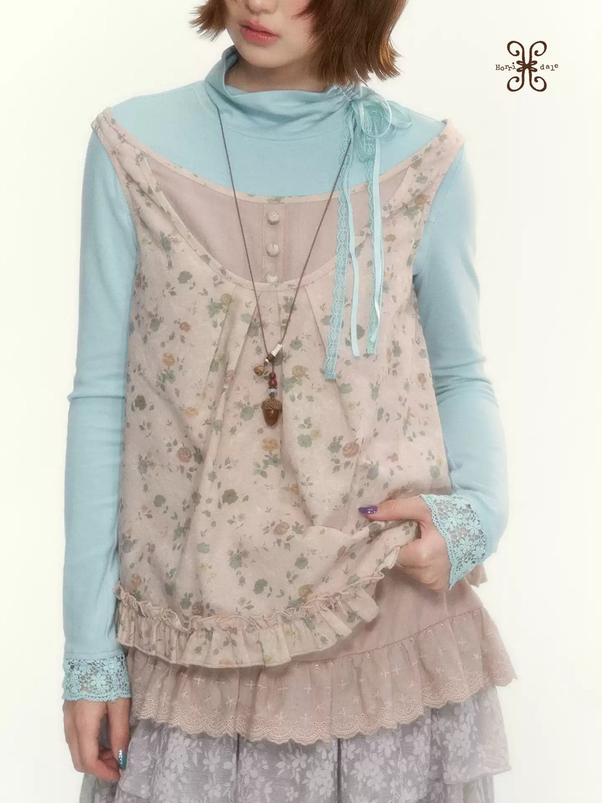 "Petals from a Forgotten Dream" Sweet Apricot Pink Floral Lace Ruffle Off-Shoulder Top