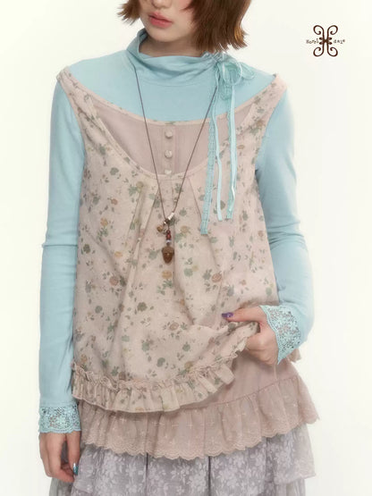 "Petals from a Forgotten Dream" Sweet Apricot Pink Floral Lace Ruffle Off-Shoulder Top