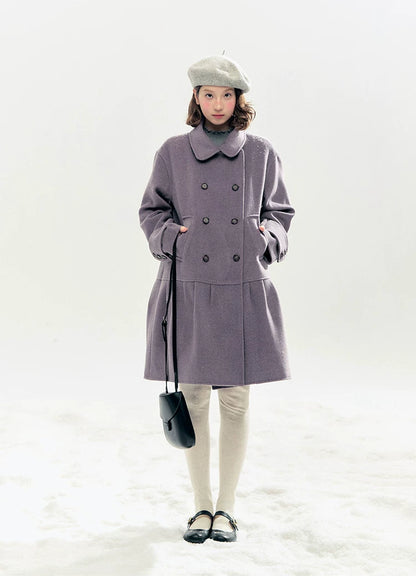 "Winter Chime" Double-Breasted Quilted Wool-Blend Coat (Smoky Purple/ Ash Gray)