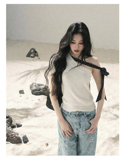 "Morning Dew & Evening Breeze" Cheese White One-Shoulder Polka Dot Crop Top