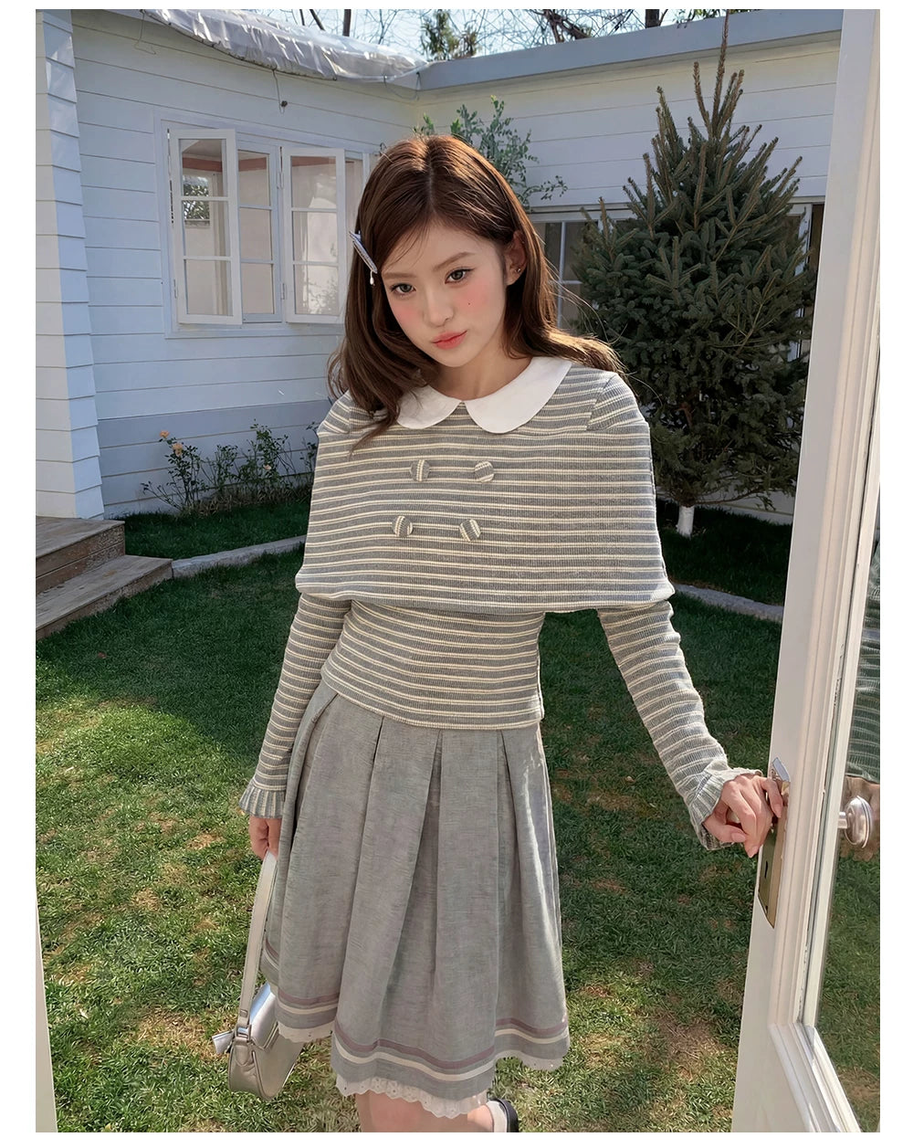 “Misty Sonata” Grey Layered Stripe Knit Top