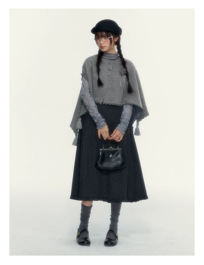 Vintage Double-Breasted Wool Dress & Knit Fringe Cape Set