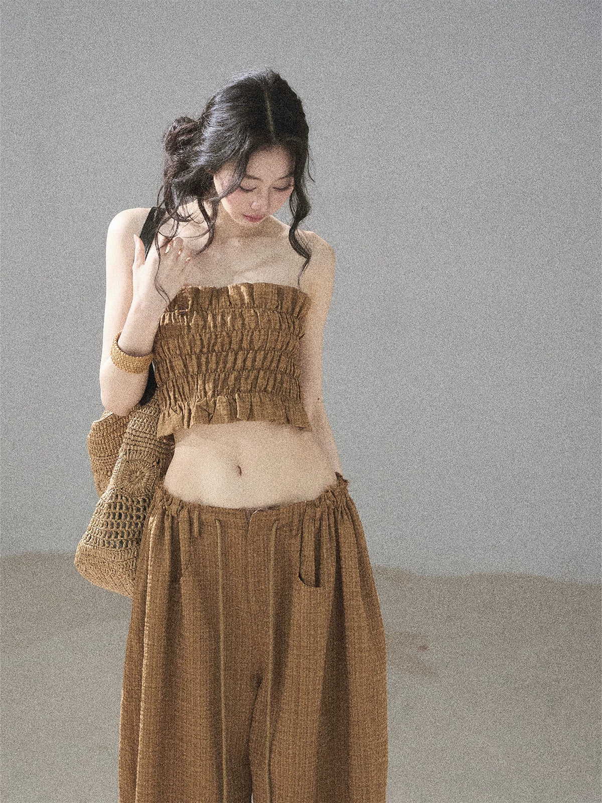 "Caramel Dusk" Ash Caramel Shirred Bandeau Top & Relaxed Pants Set
