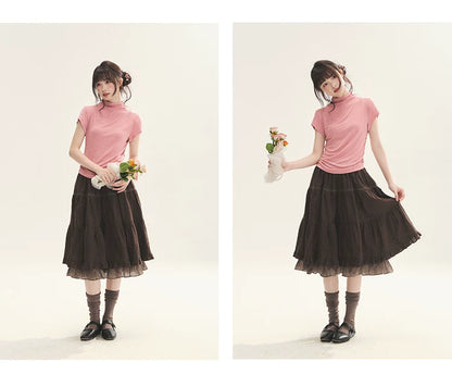 "Faded Bloom" Deep Brown Red Lace Trim Tiered A-Line Skirt