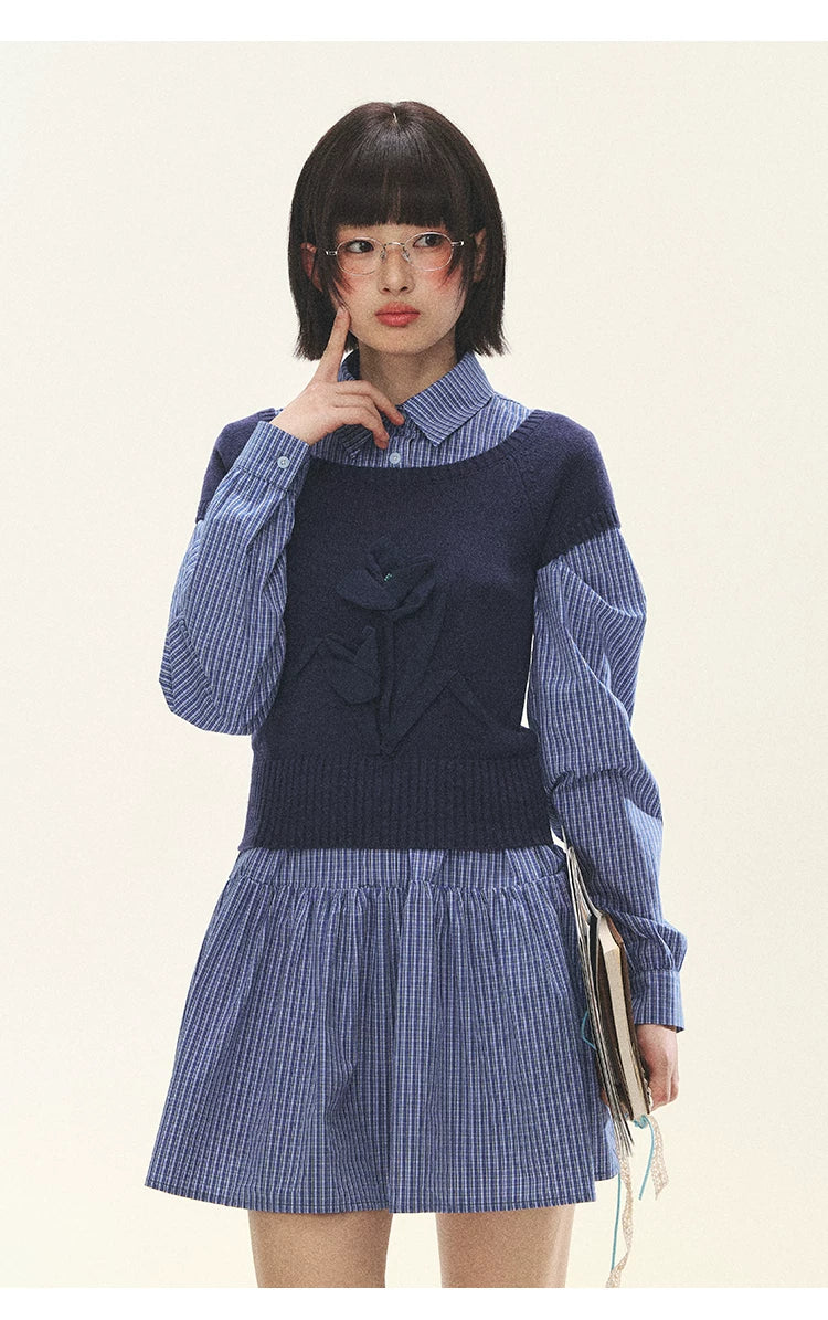 "Holiday Blues" Blue Plaid Bow Shirt Mini Dress