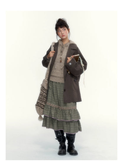 Dried Grass Green Vintage Lace Tiered A-Line Skirt