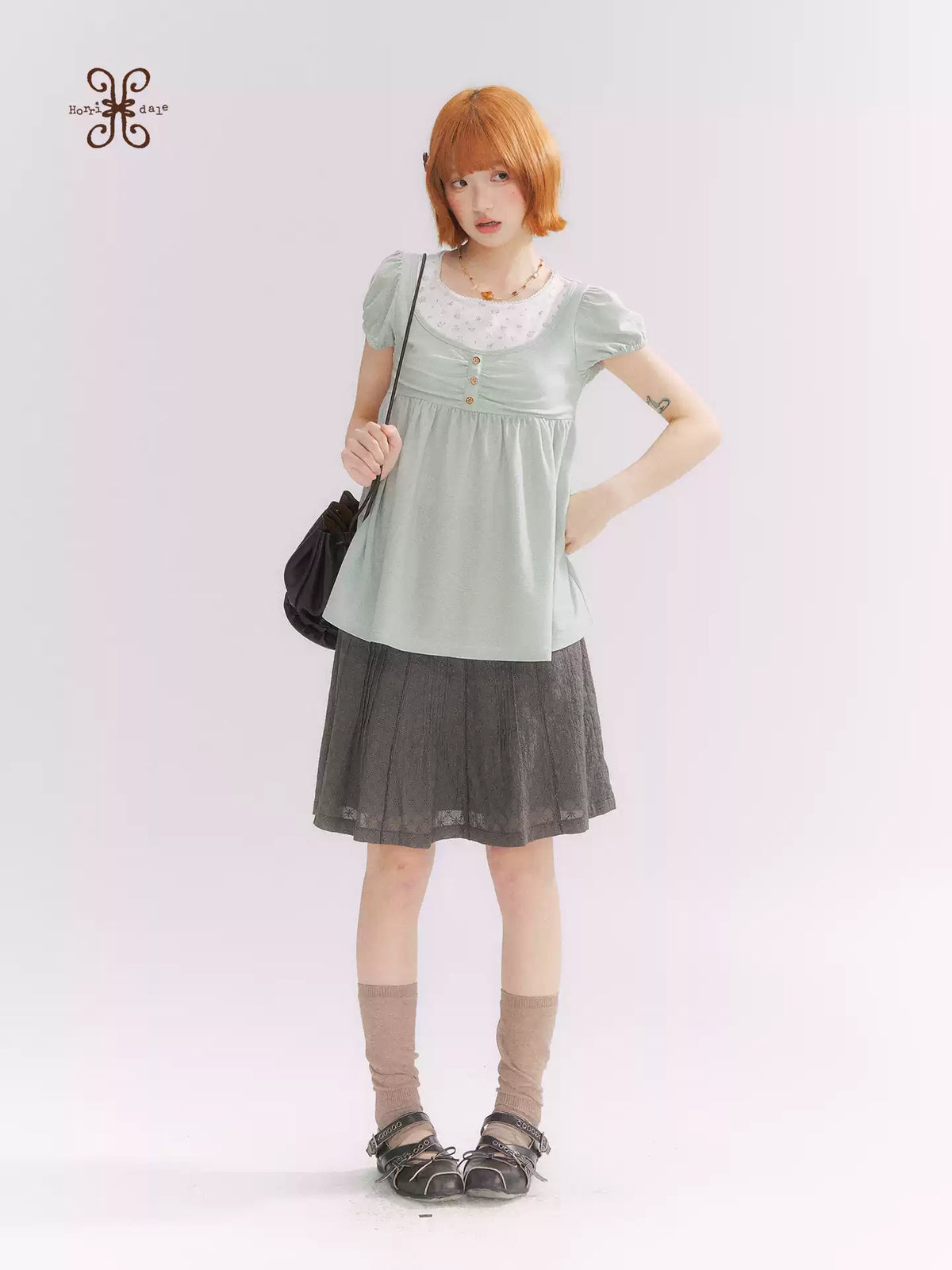 “Misty Texture” Gray Plaid Trim Embroidered A-Line Skirt