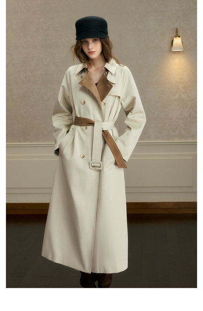 oshea - Moonlight Gray Double-Breasted Belted Long Trench Coat
