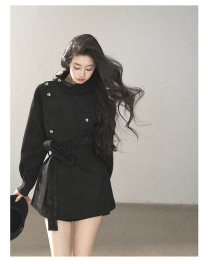 AOMALM - Black Faux-Suede Cropped A-Line Trench Coat with Belt