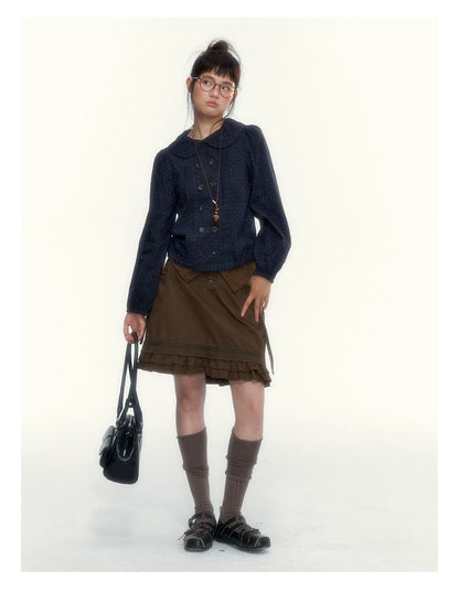“Wild Caramel” Brown Washed Layered Ruffle Bow Pocket A-Line Skirt