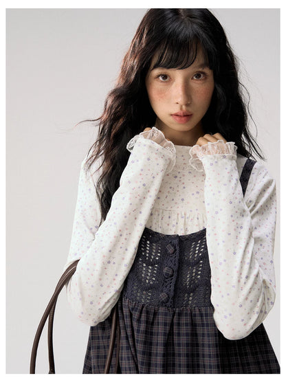 [CAN] "Double Dot Floral Raft" White Floral Lace-Trim Long Sleeve Top