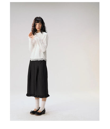 [CAN] "Double Dot Floral Raft" White Floral Lace-Trim Long Sleeve Top