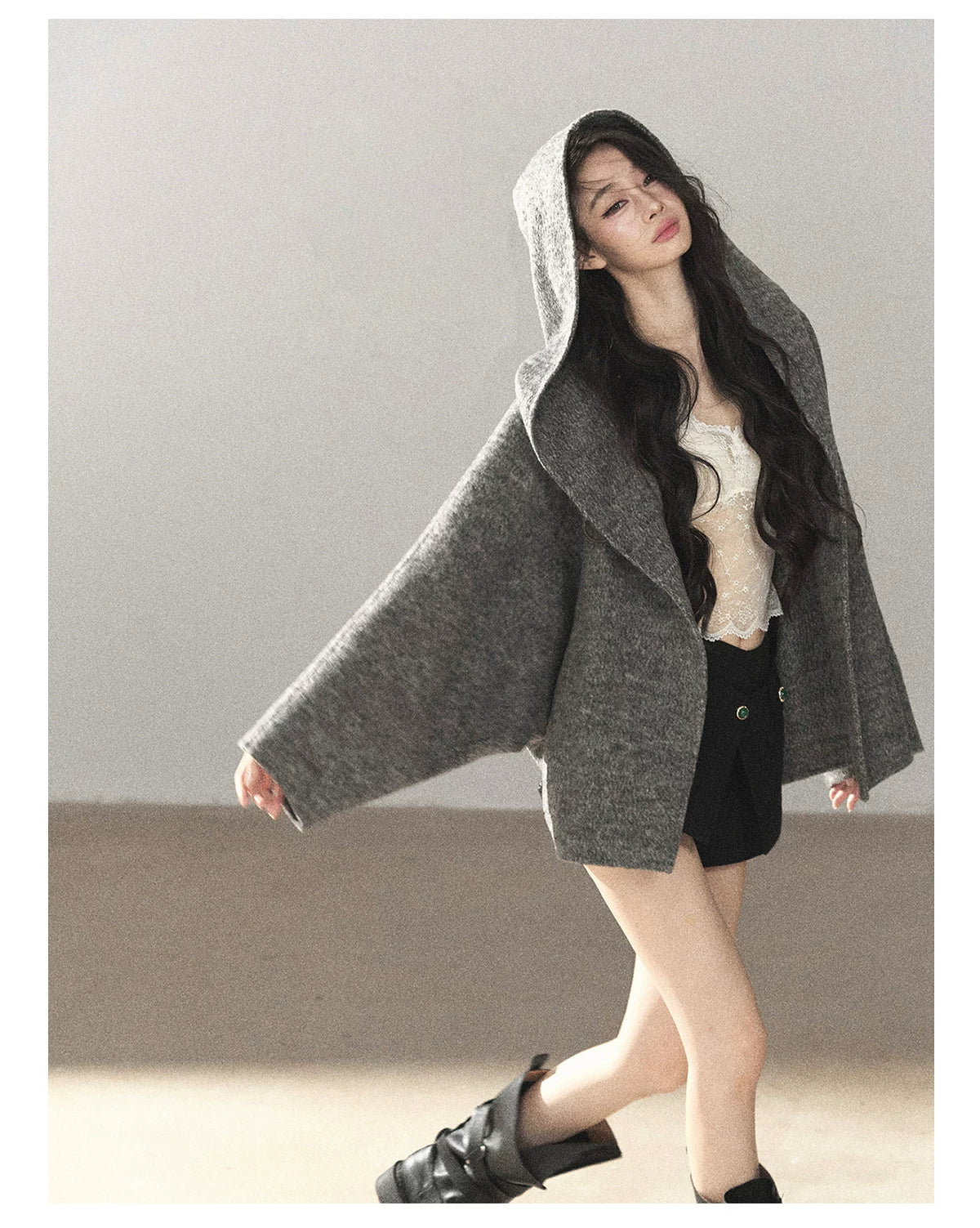 AOMALM - Dark Heather Gray Hooded Wool-Blend Jacket (With Inner Bra)