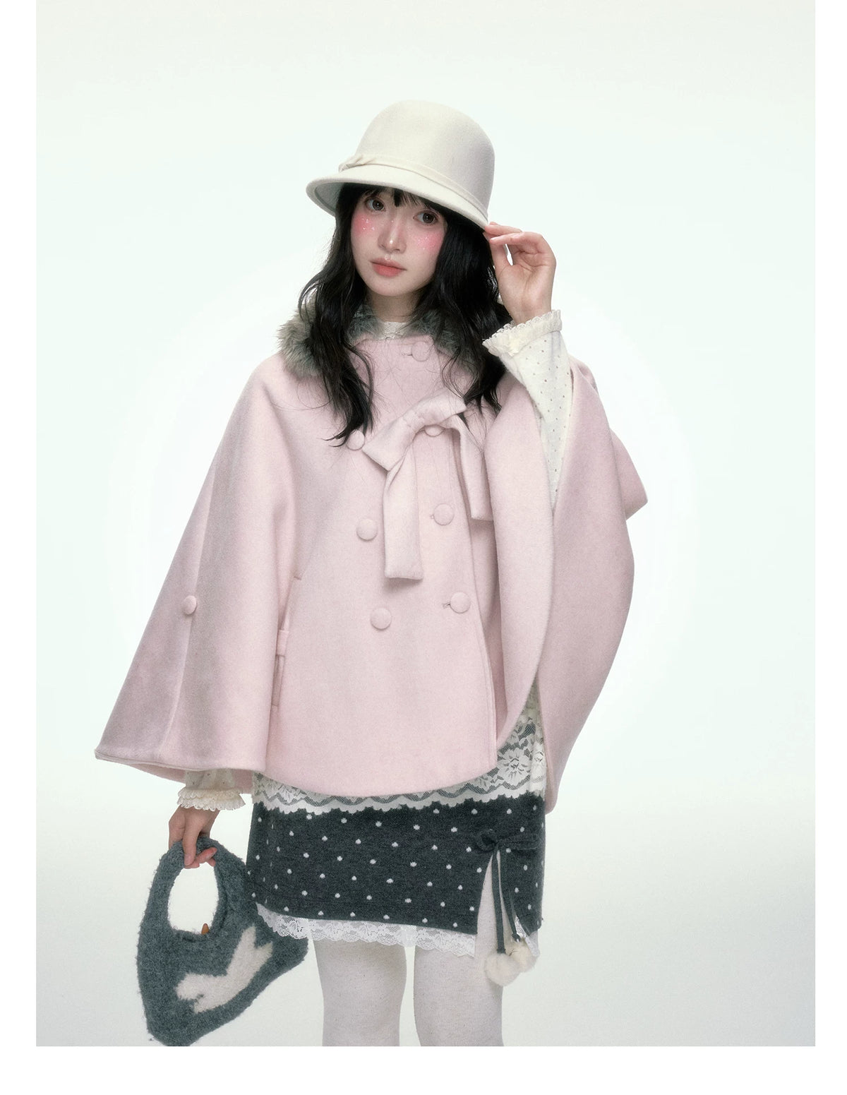 BIBIBENCY - Pink Wool-Blend Double-Breasted Coat