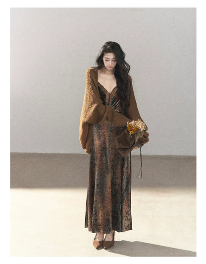 AOMALM - "Draped in Wild Wind" Cocoa Brown Leopard Flocked Bias-Cut Mermaid Maxi Dress (With Matching Hair Tie)
