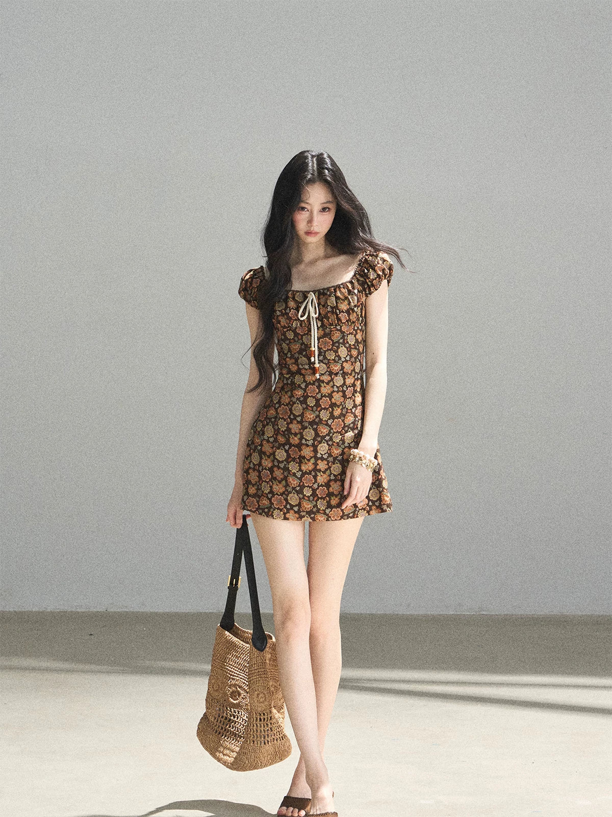 "Wildflowers & Freedom" Mocha Mousse Floral Puff Sleeve Mini Dress