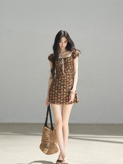 "Wildflowers & Freedom" Mocha Mousse Floral Puff Sleeve Mini Dress