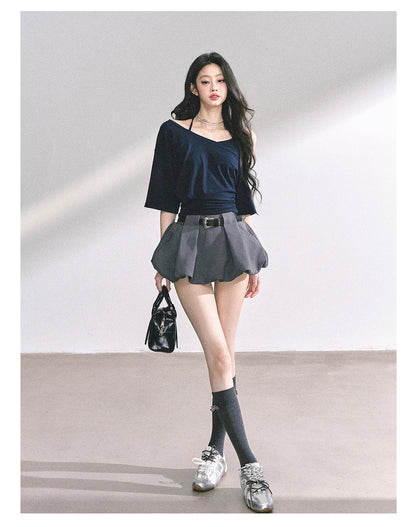 少也眼 “Smart Relax” Asymmetric Halter Short Tee - Navy