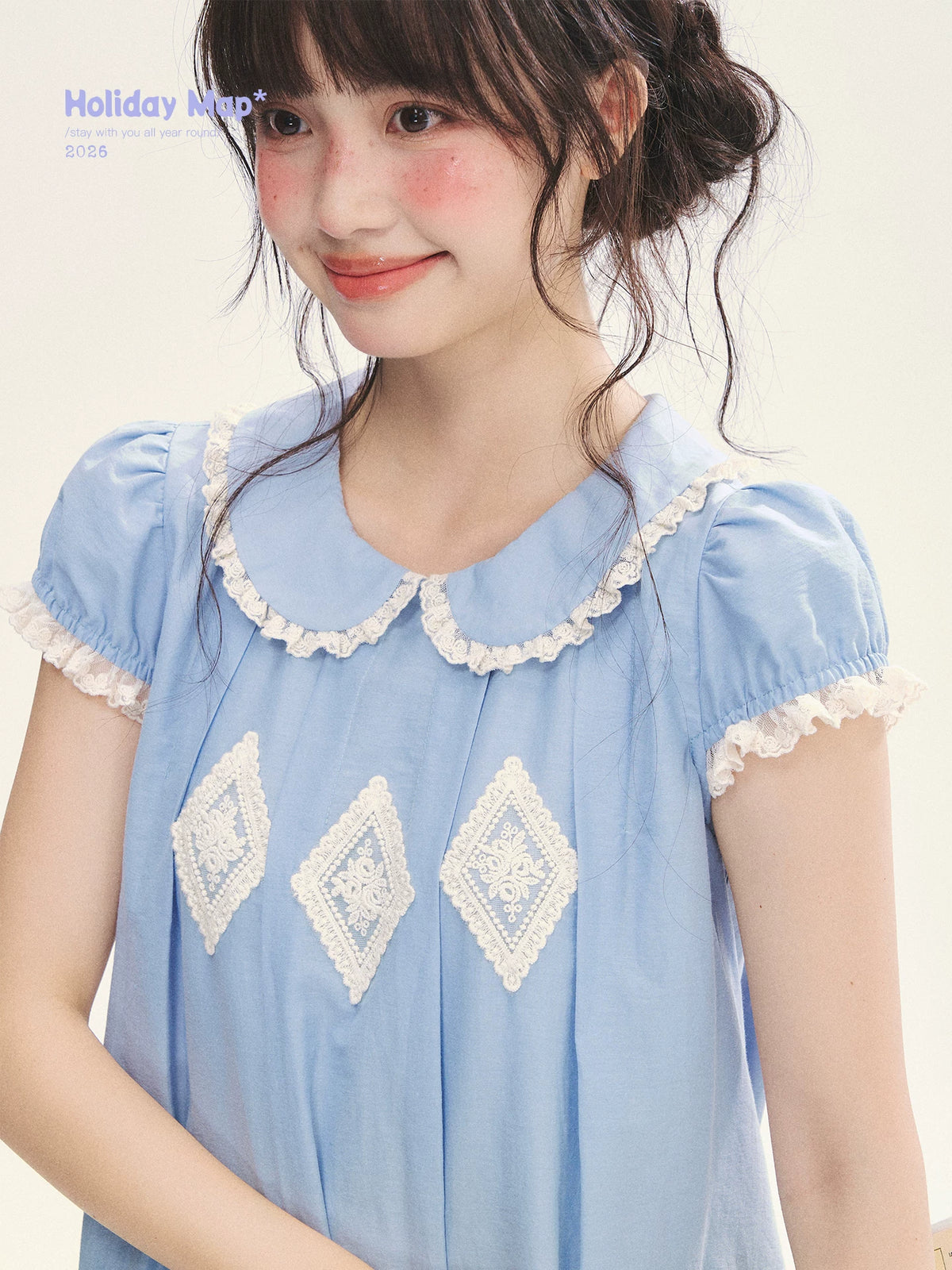 "Sweet Tea Doll" Haze Blue Lace Puff Sleeve Peter Pan Collar A-Line Dress