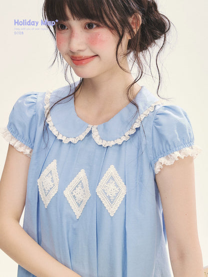 "Sweet Tea Doll" Haze Blue Lace Puff Sleeve Peter Pan Collar A-Line Dress