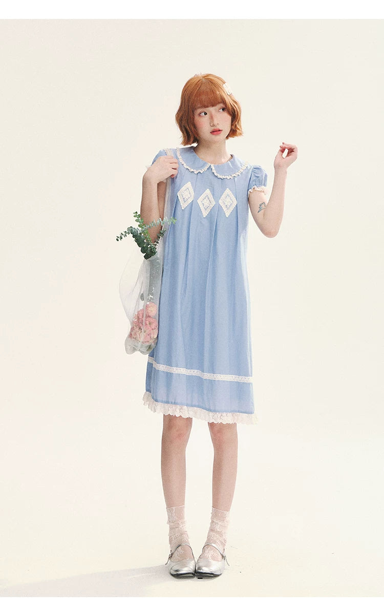 "Sweet Tea Doll" Haze Blue Lace Puff Sleeve Peter Pan Collar A-Line Dress