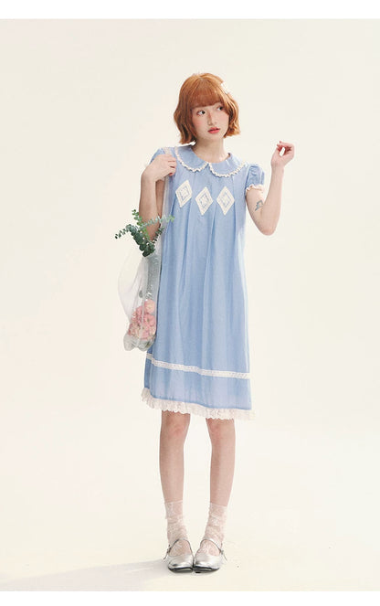 "Sweet Tea Doll" Haze Blue Lace Puff Sleeve Peter Pan Collar A-Line Dress