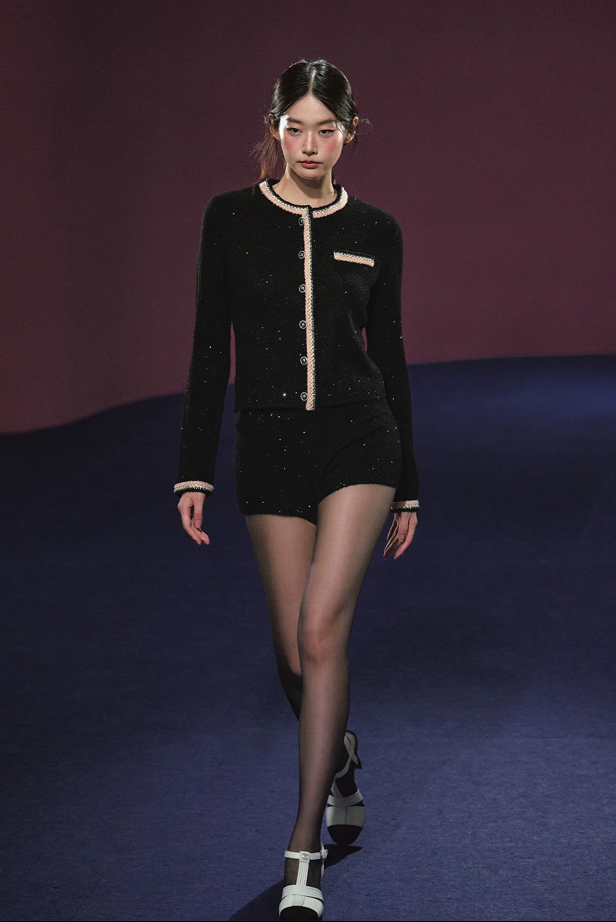 "Starlit Heiress" Black Shimmer Contrast Knit Cardigan & Shorts Set