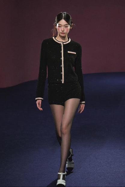 "Starlit Heiress" Black Shimmer Contrast Knit Cardigan & Shorts Set