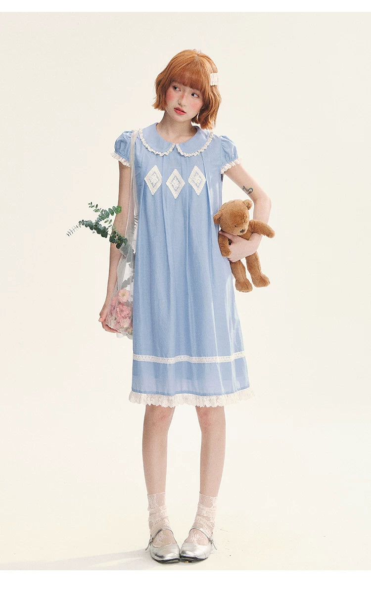 "Sweet Tea Doll" Haze Blue Lace Puff Sleeve Peter Pan Collar A-Line Dress