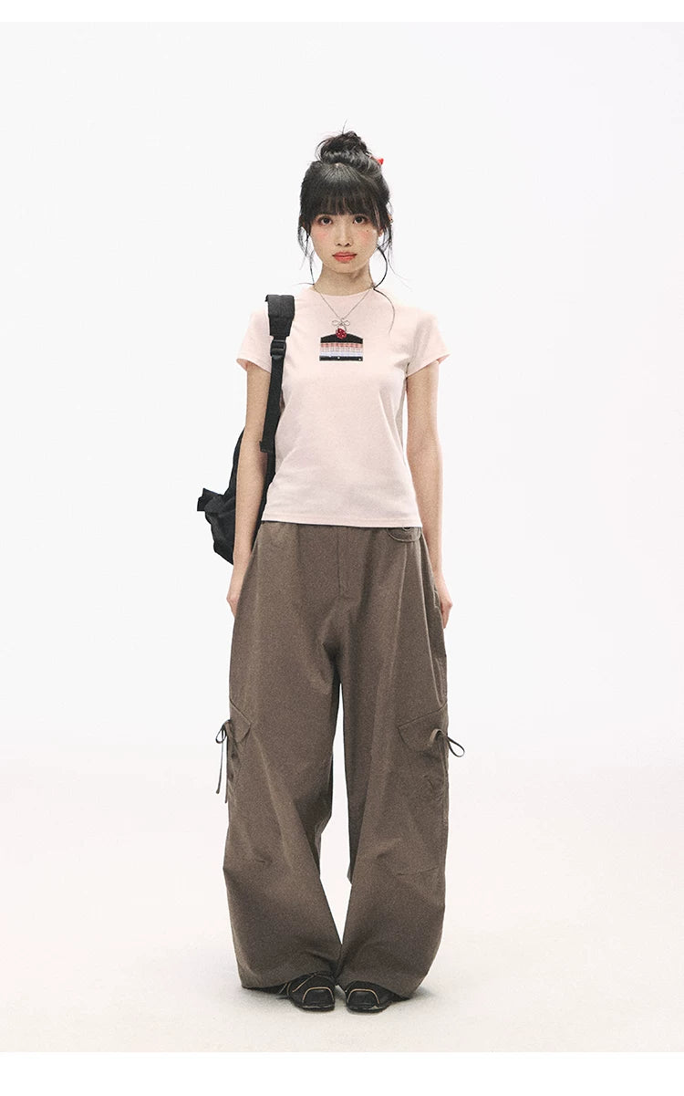 "Strawberry Shortcake Mood" Peach Pink Patchwork Cake Graphic Cotton Tee