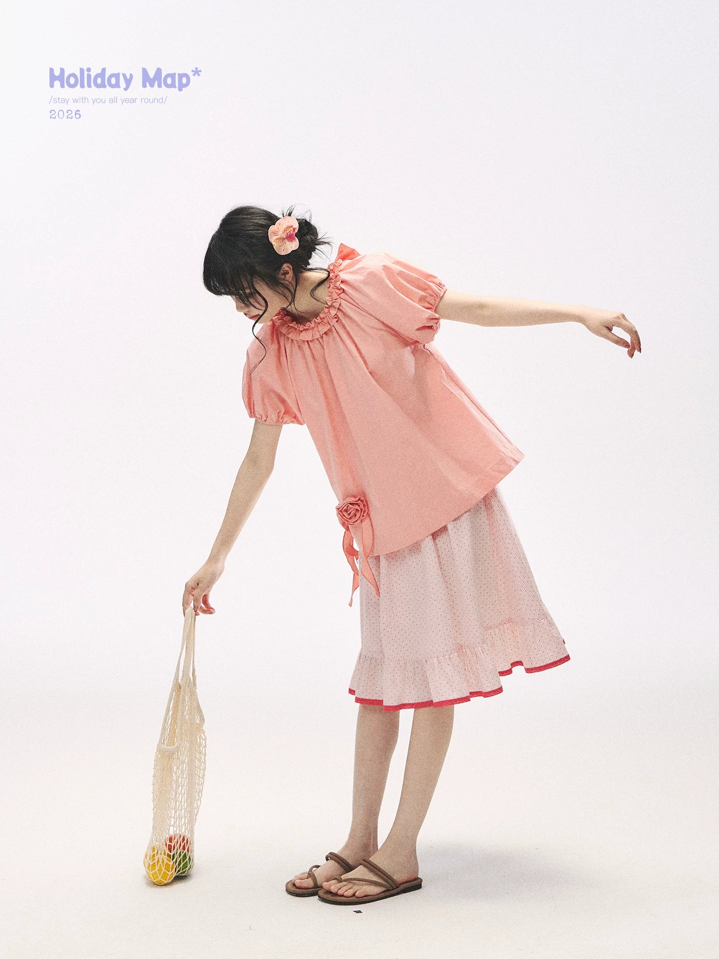 "Pink Grapefruit Bloom" Grapefruit Red Rose Puff Sleeve Blouse