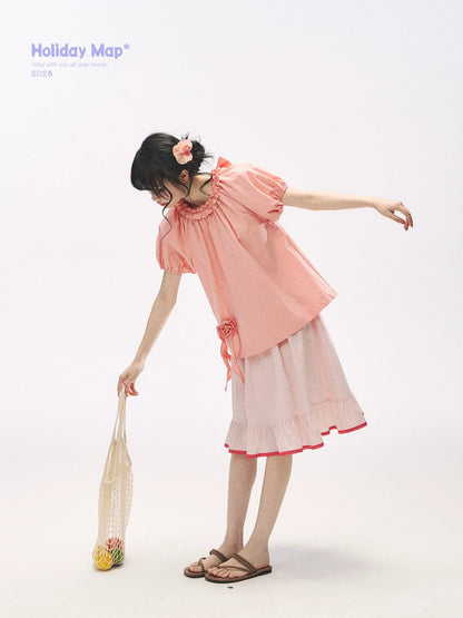 "Pink Grapefruit Bloom" Grapefruit Red Rose Puff Sleeve Blouse