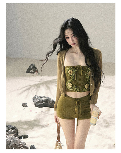 "Forest After Rain" Misty Meadow Haze 3-Piece Cardigan & Shorts Set 45236485