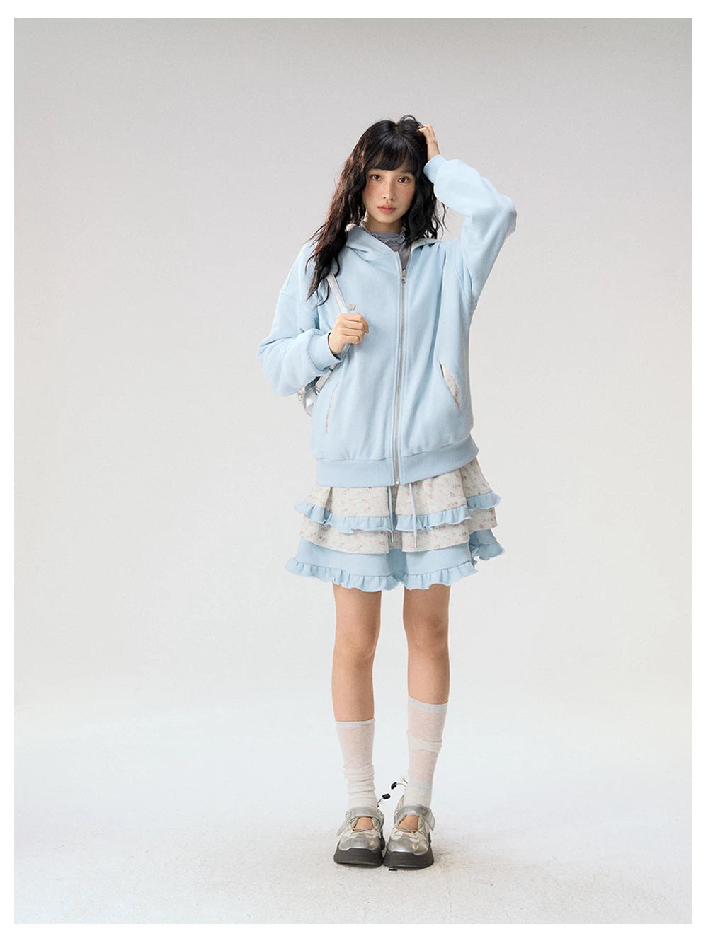 [CAN] "Misty Blue Floral Reverie" Light Blue Floral Set (Reversible Jacket / Sweatpants / Tiered Skirt)