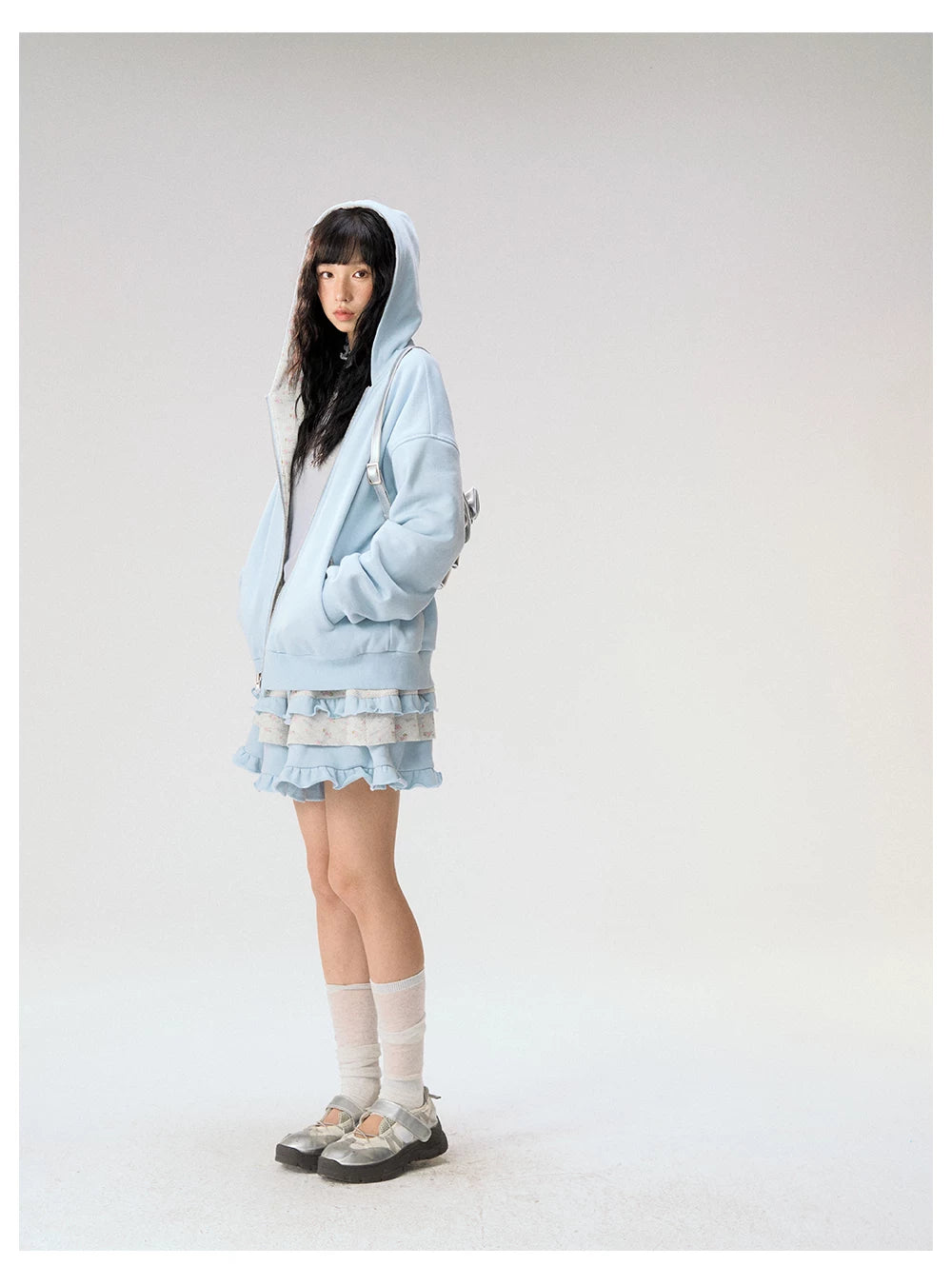 [CAN] "Misty Blue Floral Reverie" Light Blue Floral Set (Reversible Jacket / Sweatpants / Tiered Skirt)