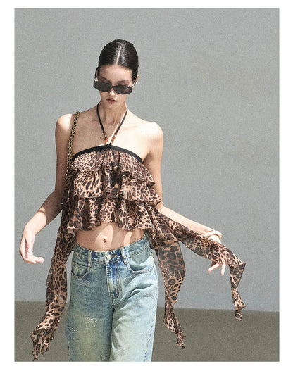 "Chasing the Sunset" Chestnut Brown Leopard Halter Ruffle Crop Top