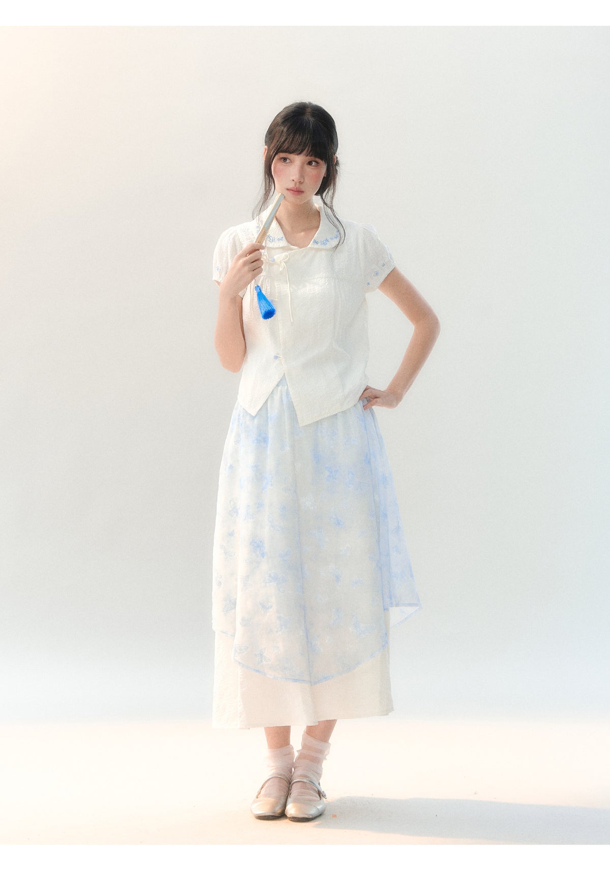 [CAN] "Butterfly Whispers" Embroidered Puff Sleeve Skirt Set