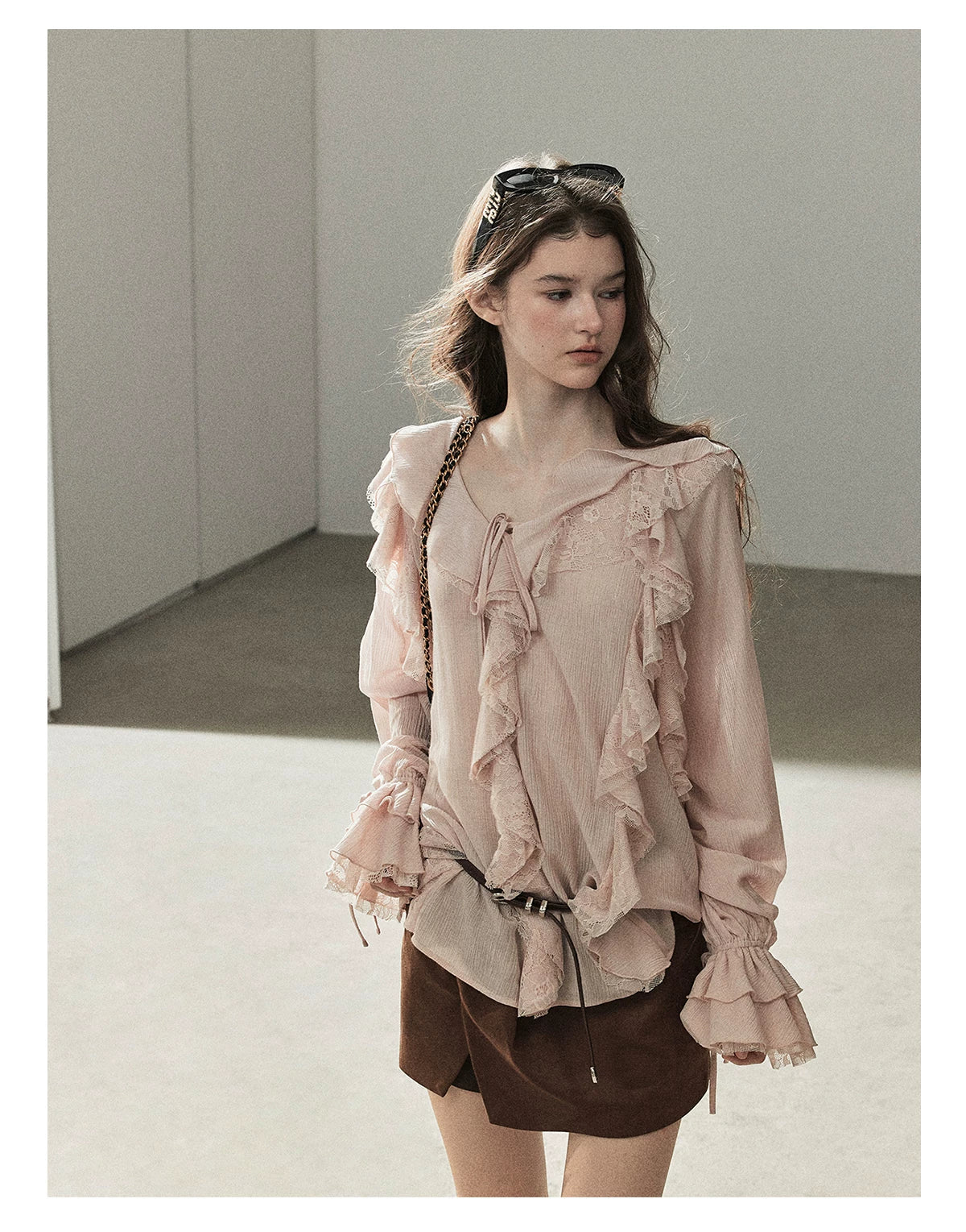 AOMALM - "A Featherlight Touch" French Camellia White Lace Chiffon Top with Belt (Camellia / Oatmeal / Cinnamon Pink)