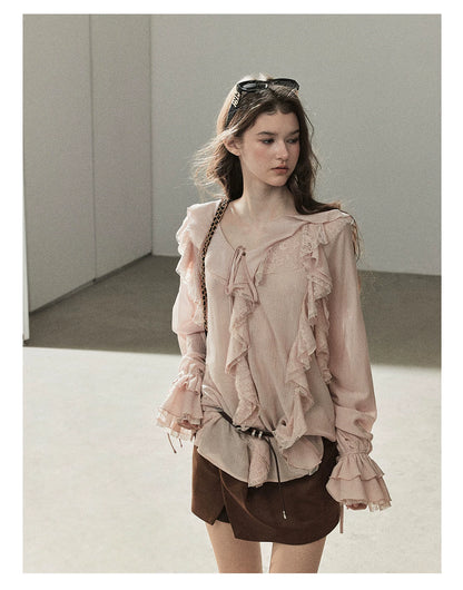 AOMALM - "A Featherlight Touch" French Camellia White Lace Chiffon Top with Belt (Camellia / Oatmeal / Cinnamon Pink)